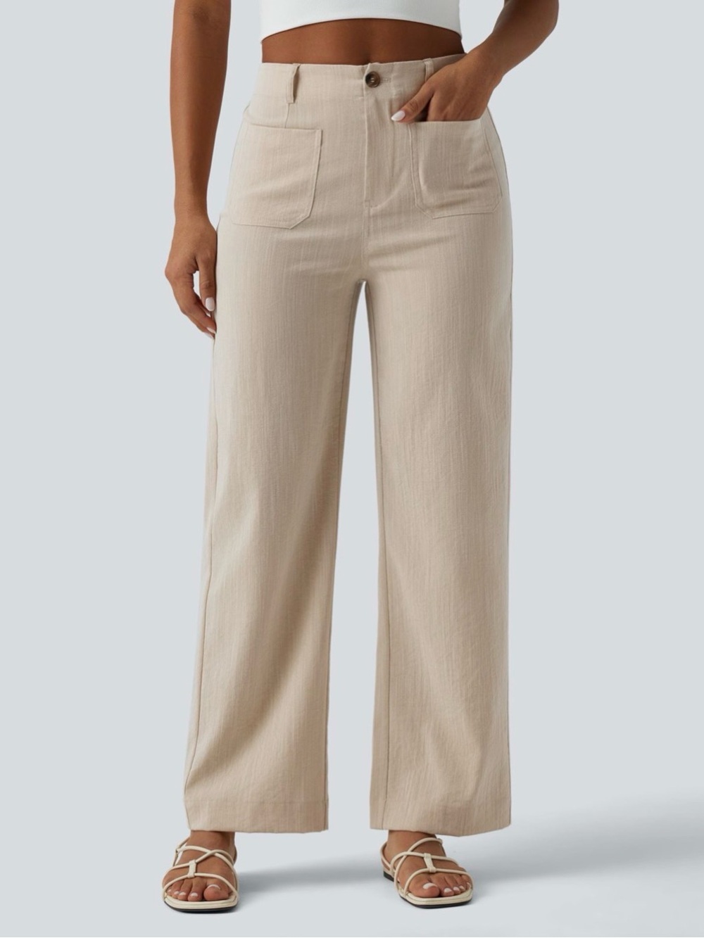 Halara High Waisted Linen Feel Beige Wide-Leg Pants